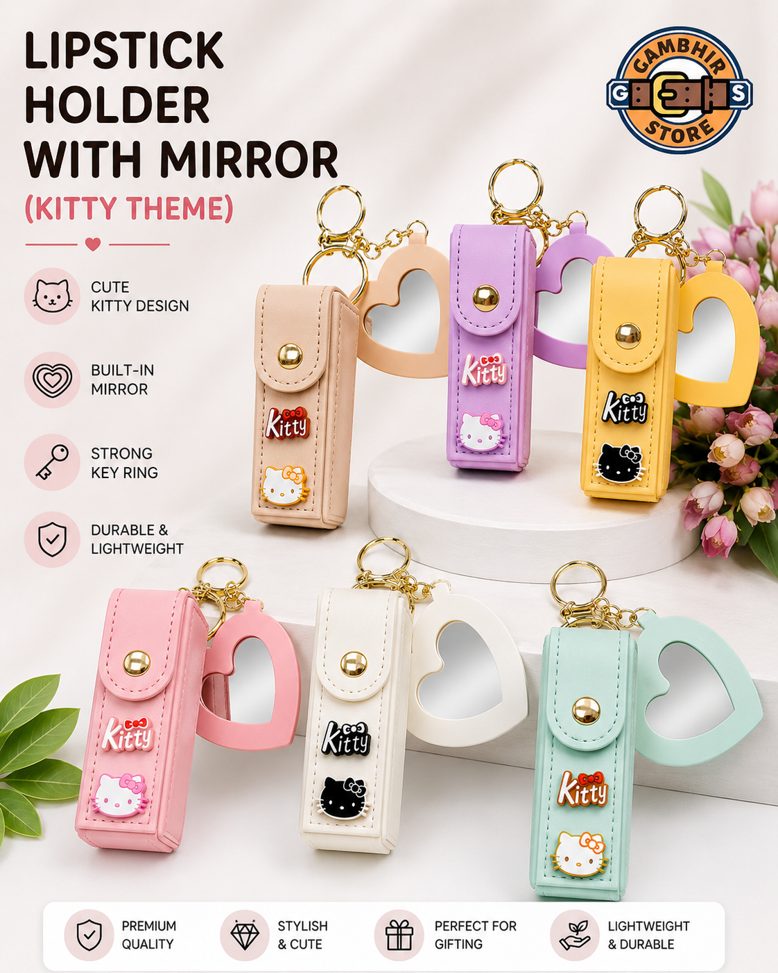 Lipstick Holder With mirror Bag charm-Kitty theme| Girls Favorite| Mix Solid Colors