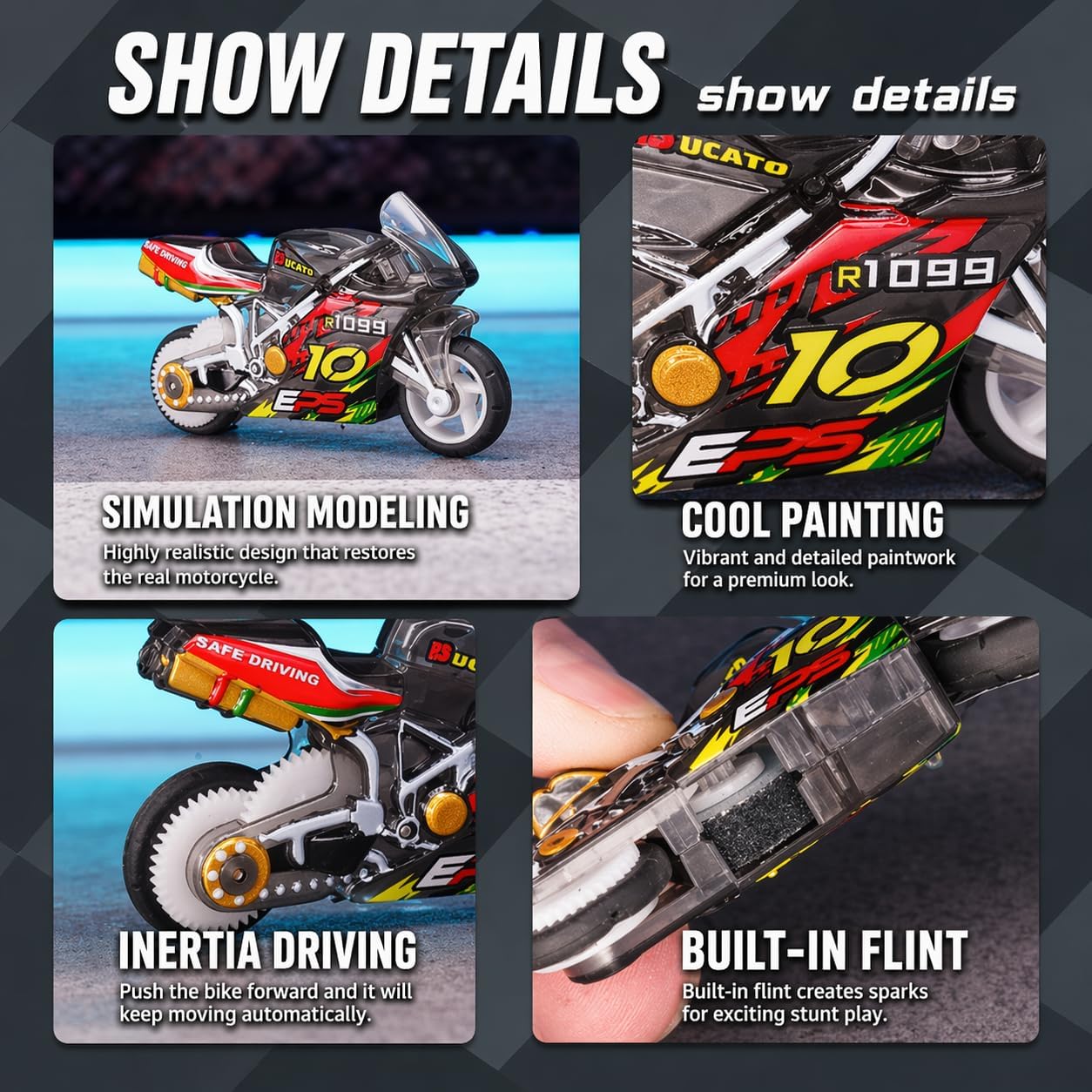 Sparkling Stunt Bike Keychain. Pull Back Friction Powered Mini Motorcycle with Spark Lighting Effect