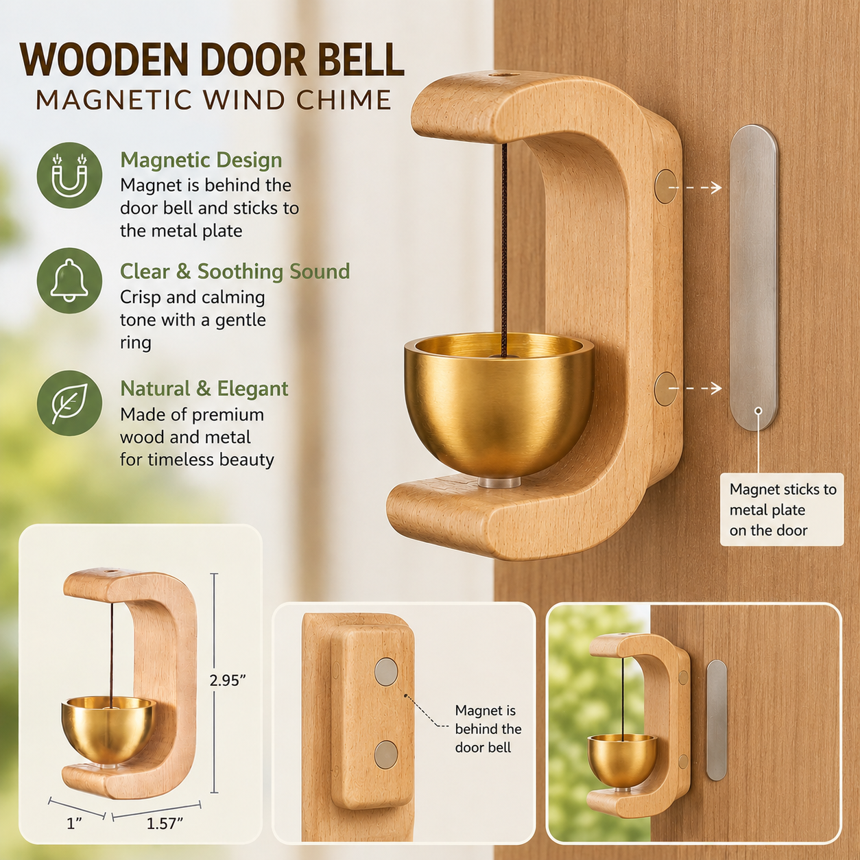 Wood Door Bell chime| Magentic back | Soothing Voice |