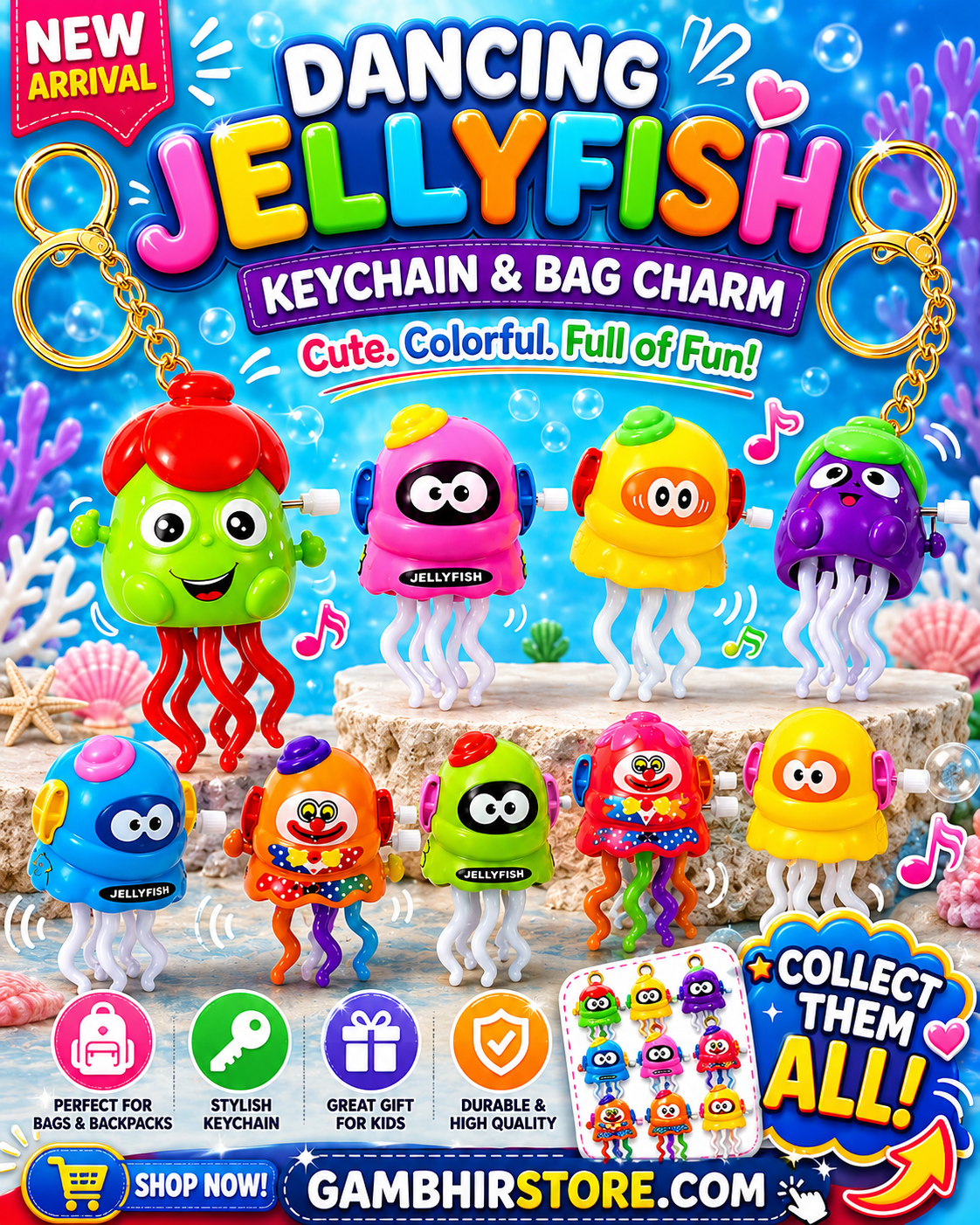 Dancing Jellyfish Keychain & Bag Charm | Cute Wind Up Toy for Kids | Colorful Backpack Pendant