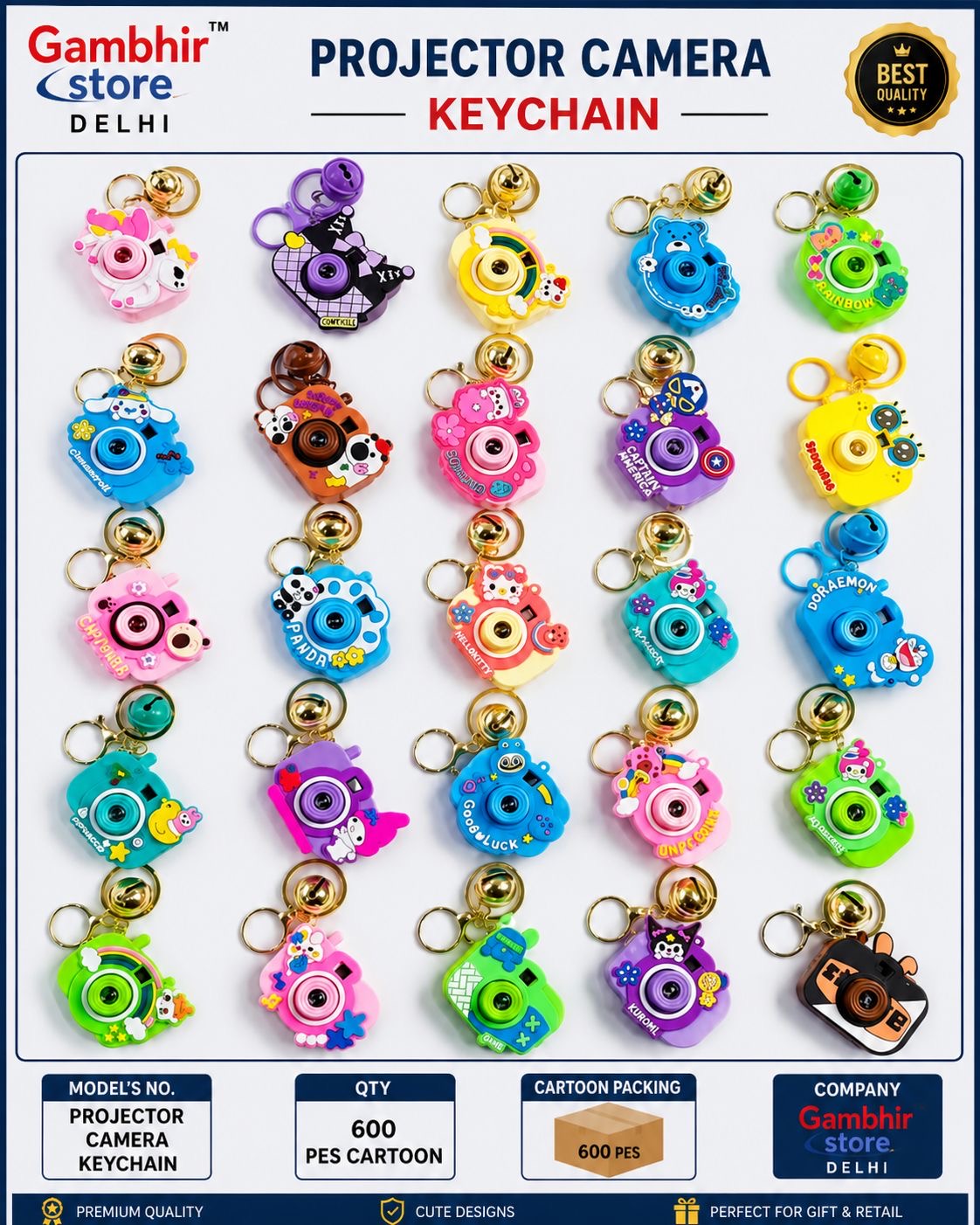 Camera Projector keychain|Golden chain and Golden hook with bell| 8 cute Images