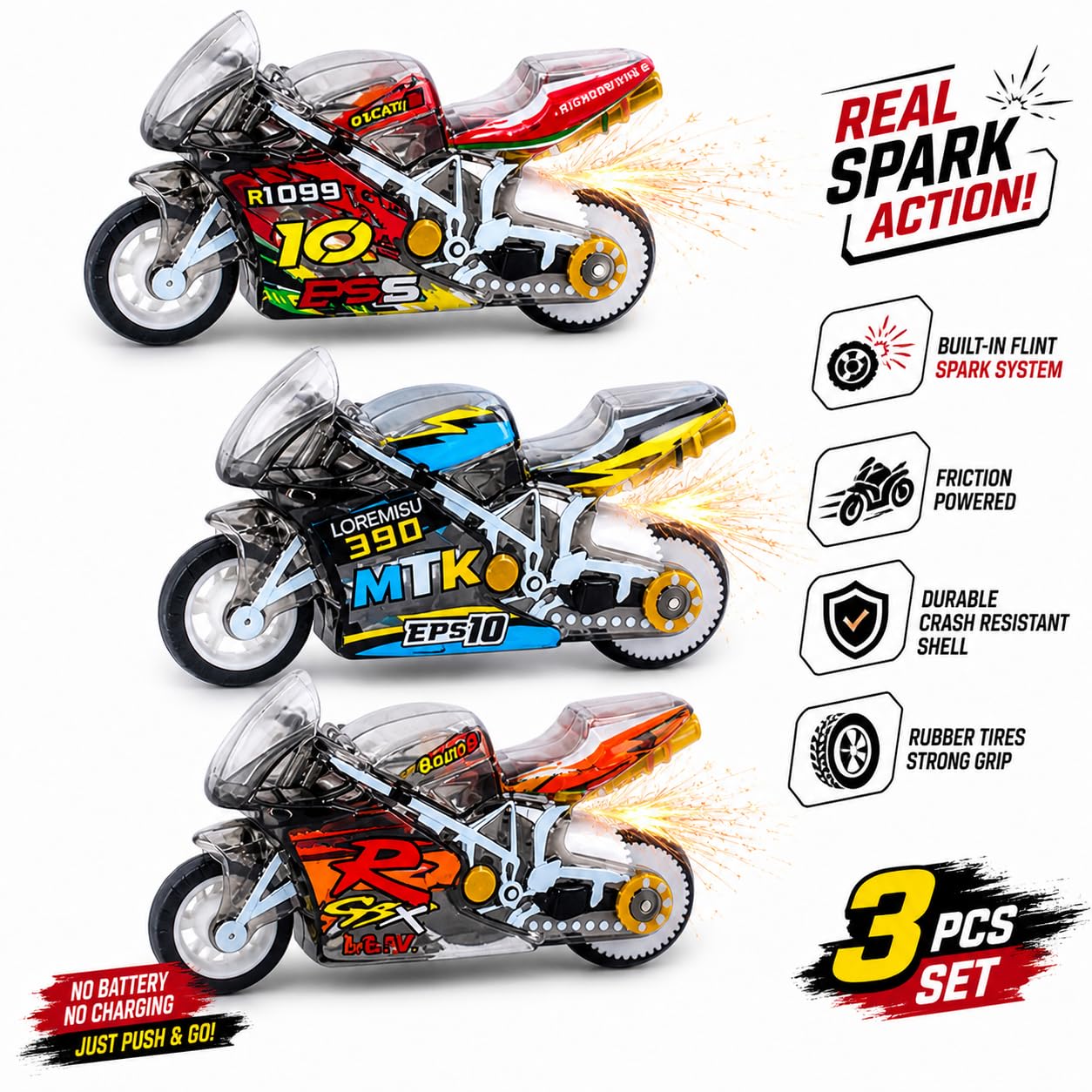 Sparkling Stunt Bike Keychain. Pull Back Friction Powered Mini Motorcycle with Spark Lighting Effect