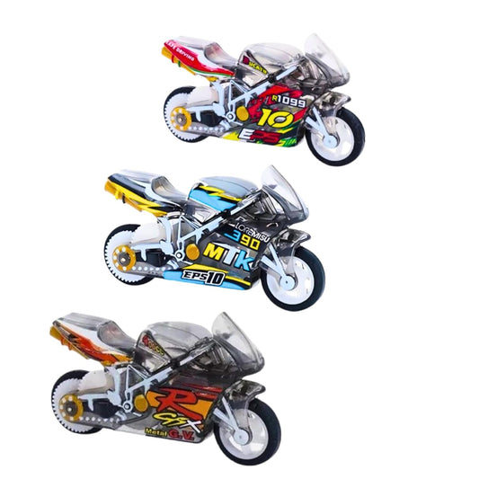 Sparkling Stunt Bike Keychain. Pull Back Friction Powered Mini Motorcycle with Spark Lighting Effect